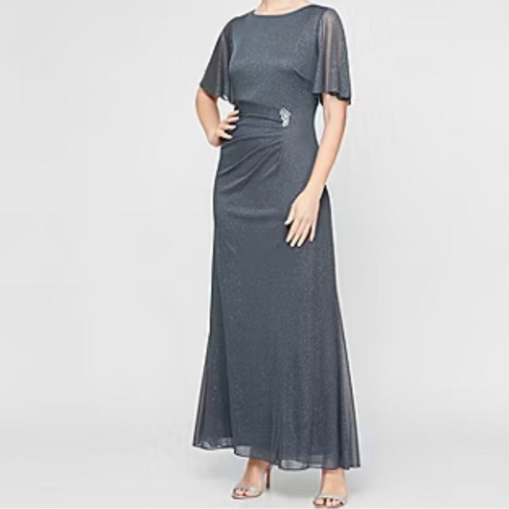 S. L. Fashions Women’s Embellished Short Sleeve Evening Gown Smoke Sz 8 NWT
